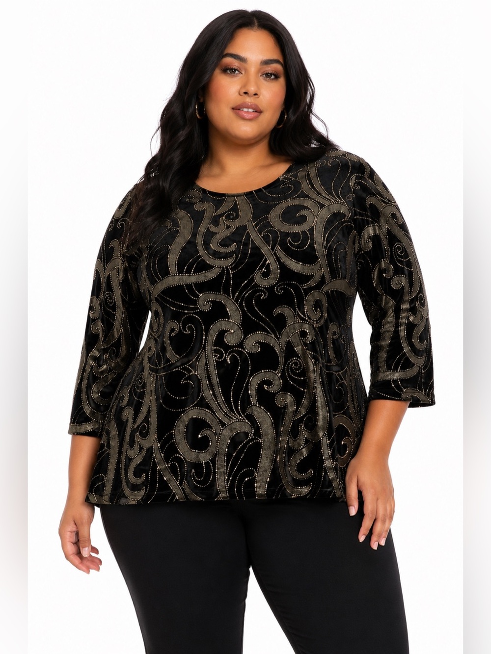 90s/Y2K Vintage Velvet Swirl Beaded Abstract Textured Top (Black/Gold) Size XL
